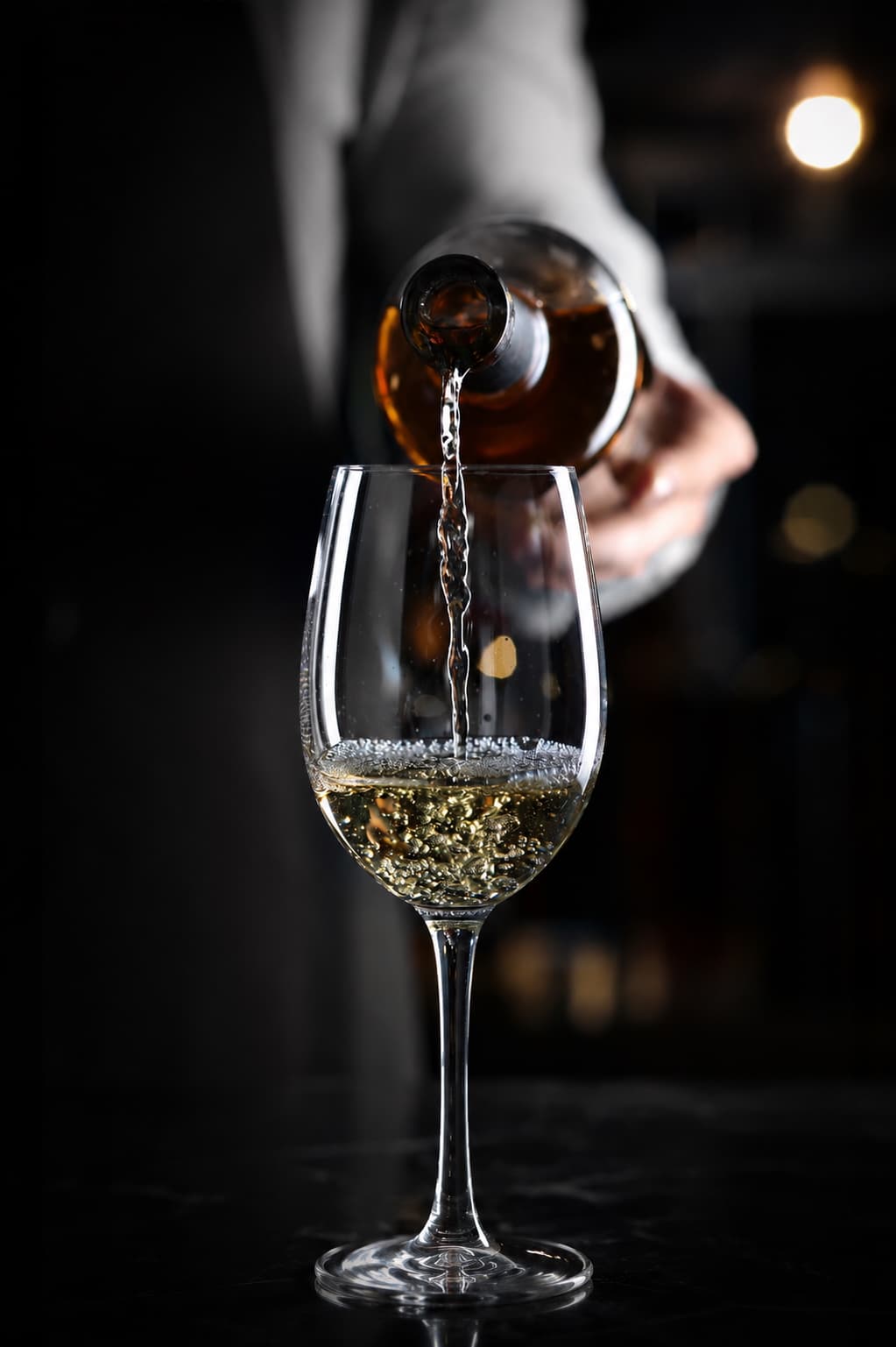 A host pouring white wine at a candlelit table